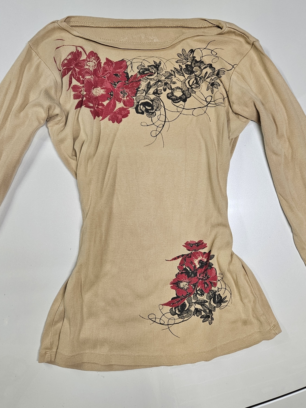 y2k floral printed beige boat neck long sleeve